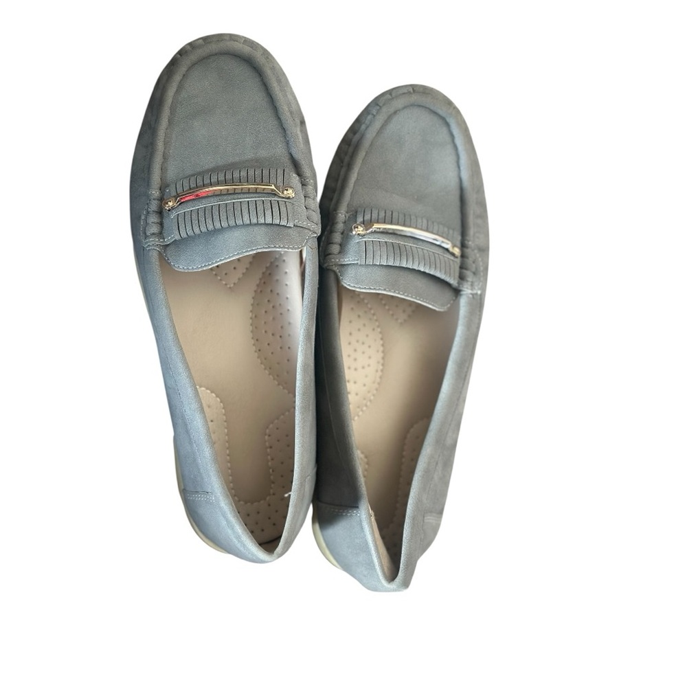Women’s Gray Suede Loafers with Gold Bar Accent Size 8.5 (EU 39)